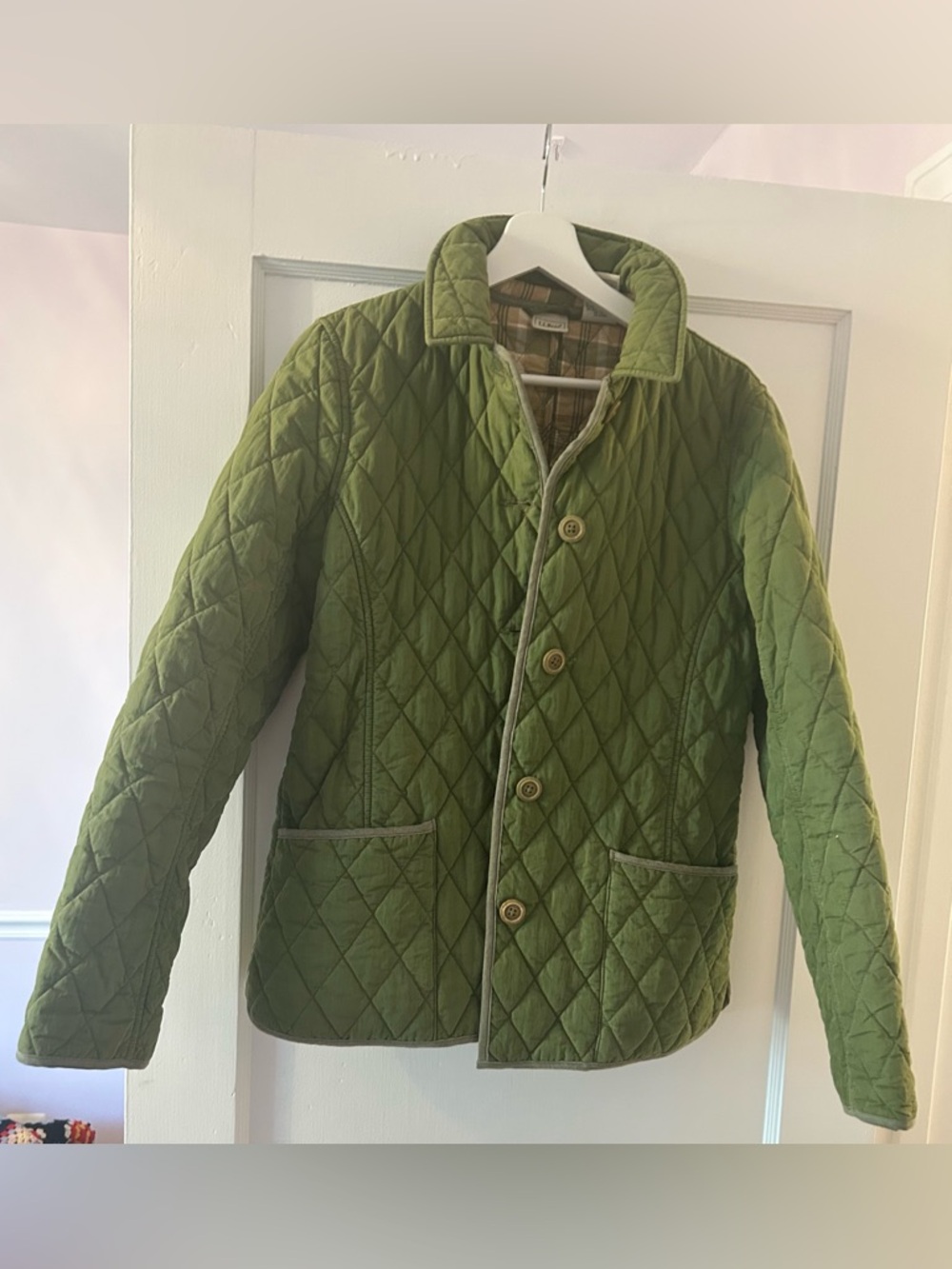 LL BEAN green quilted jacket 90s vintage chore coat minimalist layer / size S